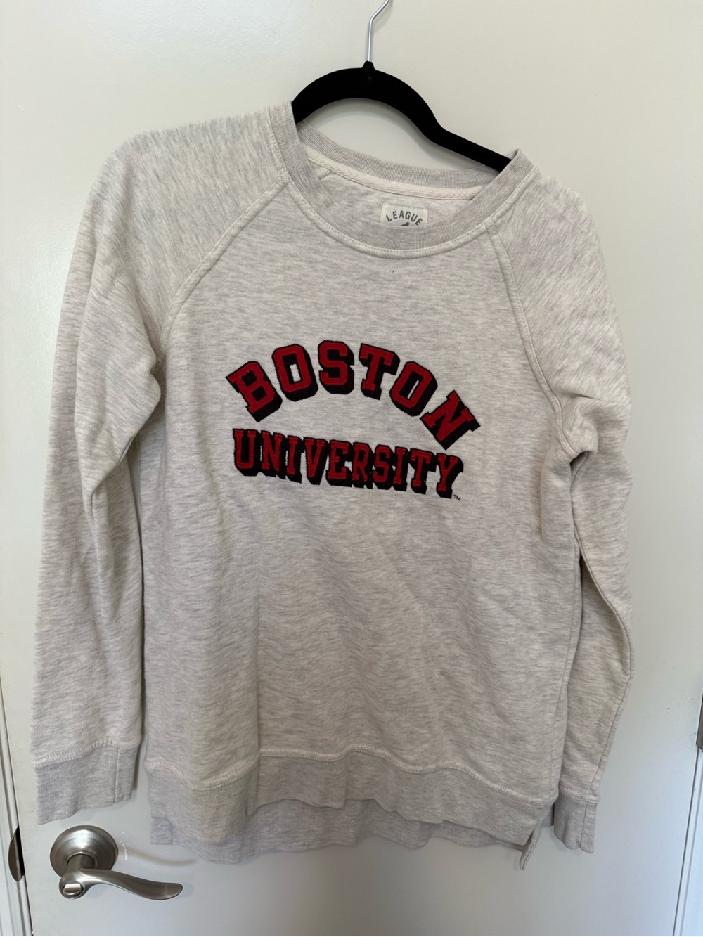 League Heather Gray Boston University Pullover with Red Script
